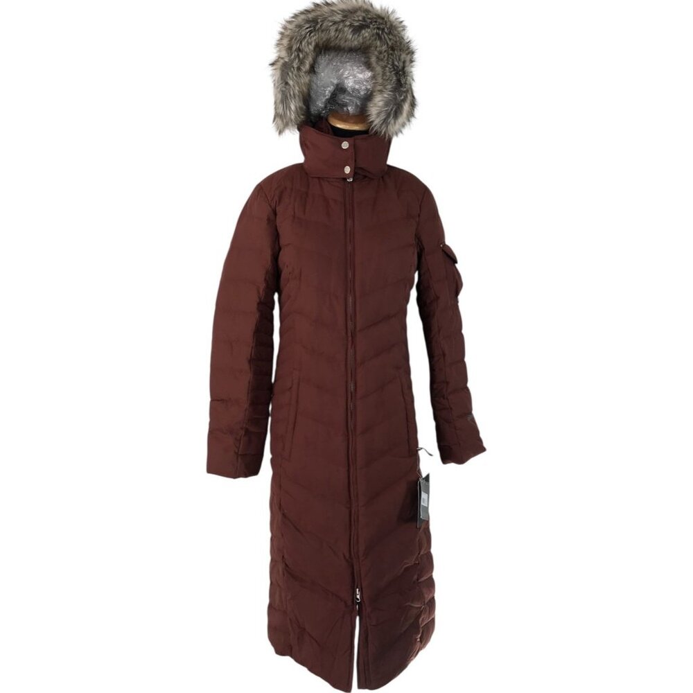 Eddie Bauer Down Duffle Coat Size Small Removable Hood & Faux Fur Trim Burgundy